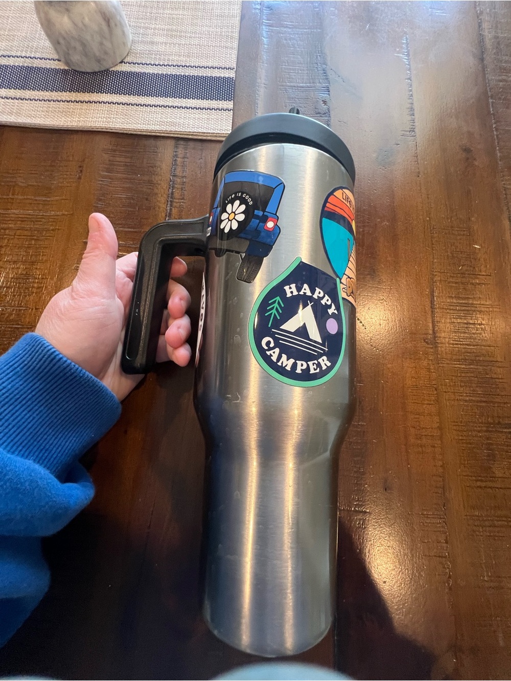 Life is Good Large Stainless Thermal Handle Cup—largest style w/ patch stickers.